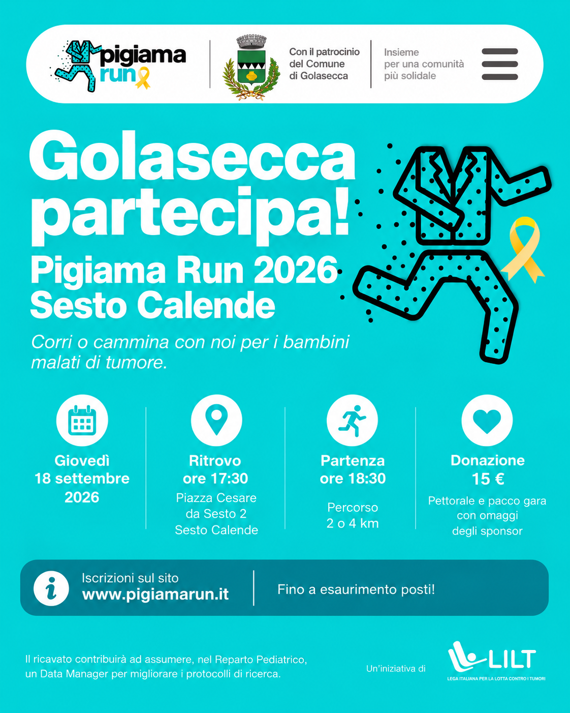Venerdì 18 settembre 2026 alle 18,30 a Sesto calende, corsa in pigiama per i bambini malati di tumore.